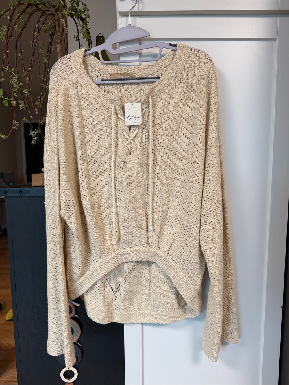 Free People Beige Knit Lace-Up Pullover Sweater- NWT size S